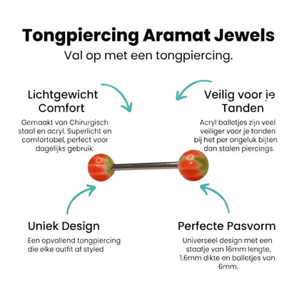 Aramat Jewels steel tongue piercing with green and orange marbled acrylic balls, 16mm bar, 1.6mm gauge.