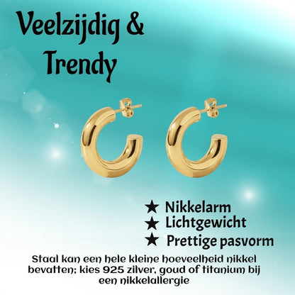 Aramat Jewels massieve gouden halve oorringen van RVS, 25x8mm, glad en chunky design.