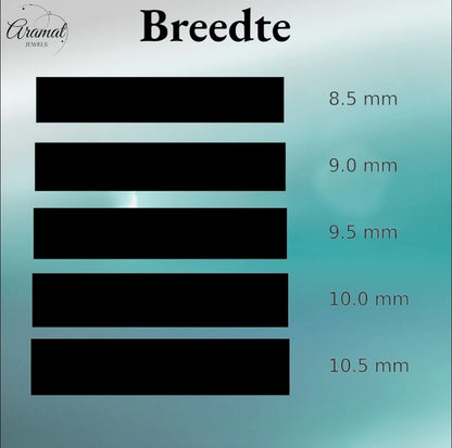 Aramat Jewels maattabel voor kettingbreedtes van 8,5 mm tot 10,5 mm ter vergelijking van robuuste schakelkettingen.