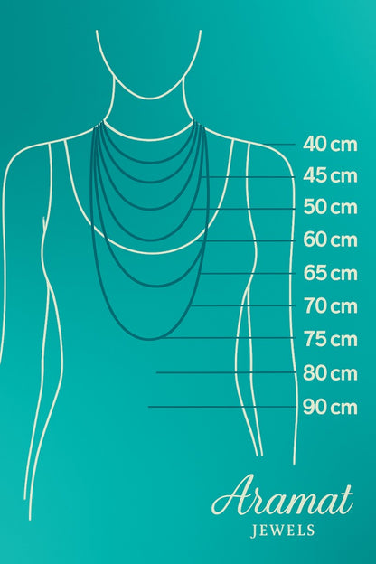 Aramat Jewels maattabel voor halskettingen met een 60 cm ketting gemarkeerd op een vrouwelijk silhouet.