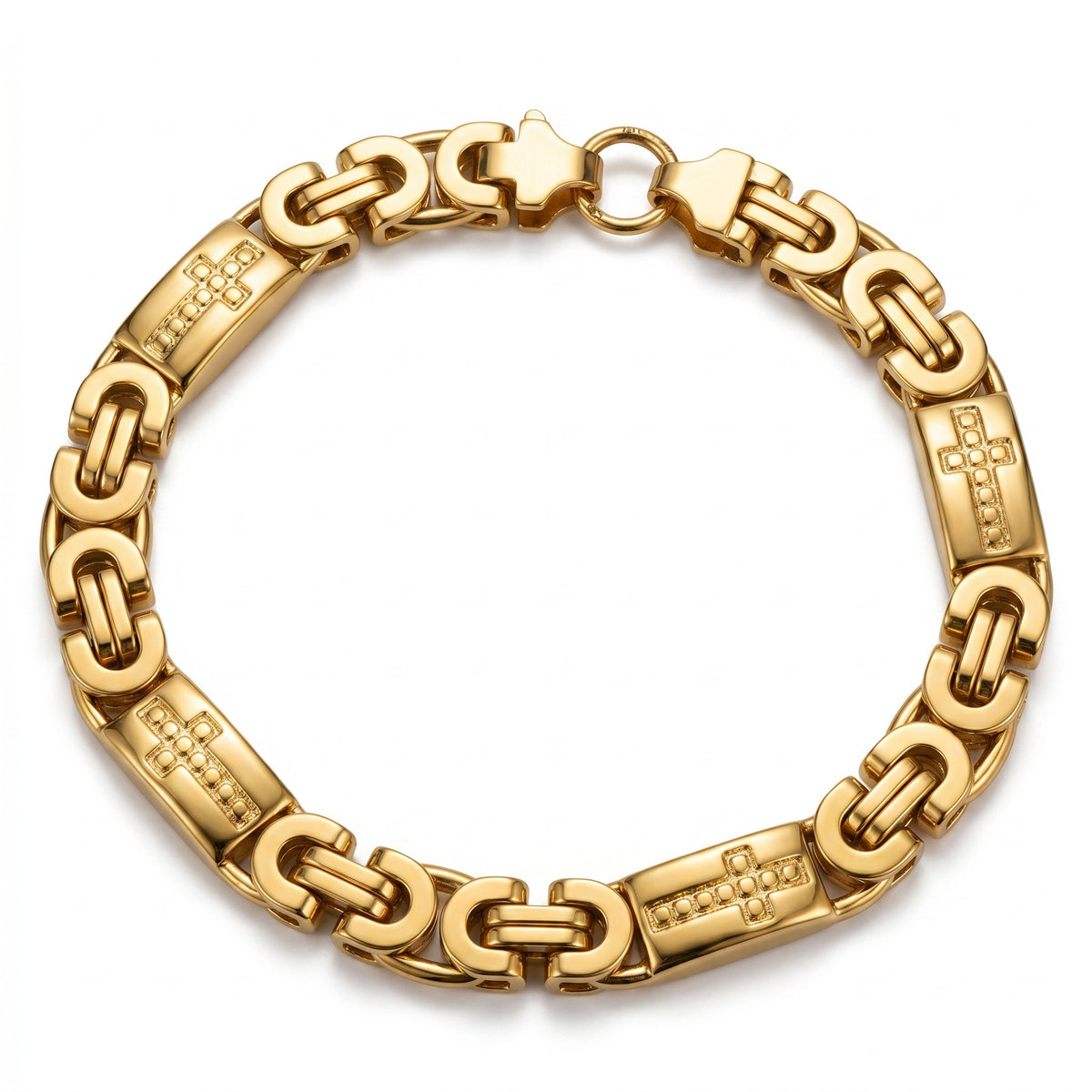 Aramat Jewels goudkleurige koningsschakel armband met kruisjes, gemaakt van edelstaal, 21cm lang en 8mm breed.