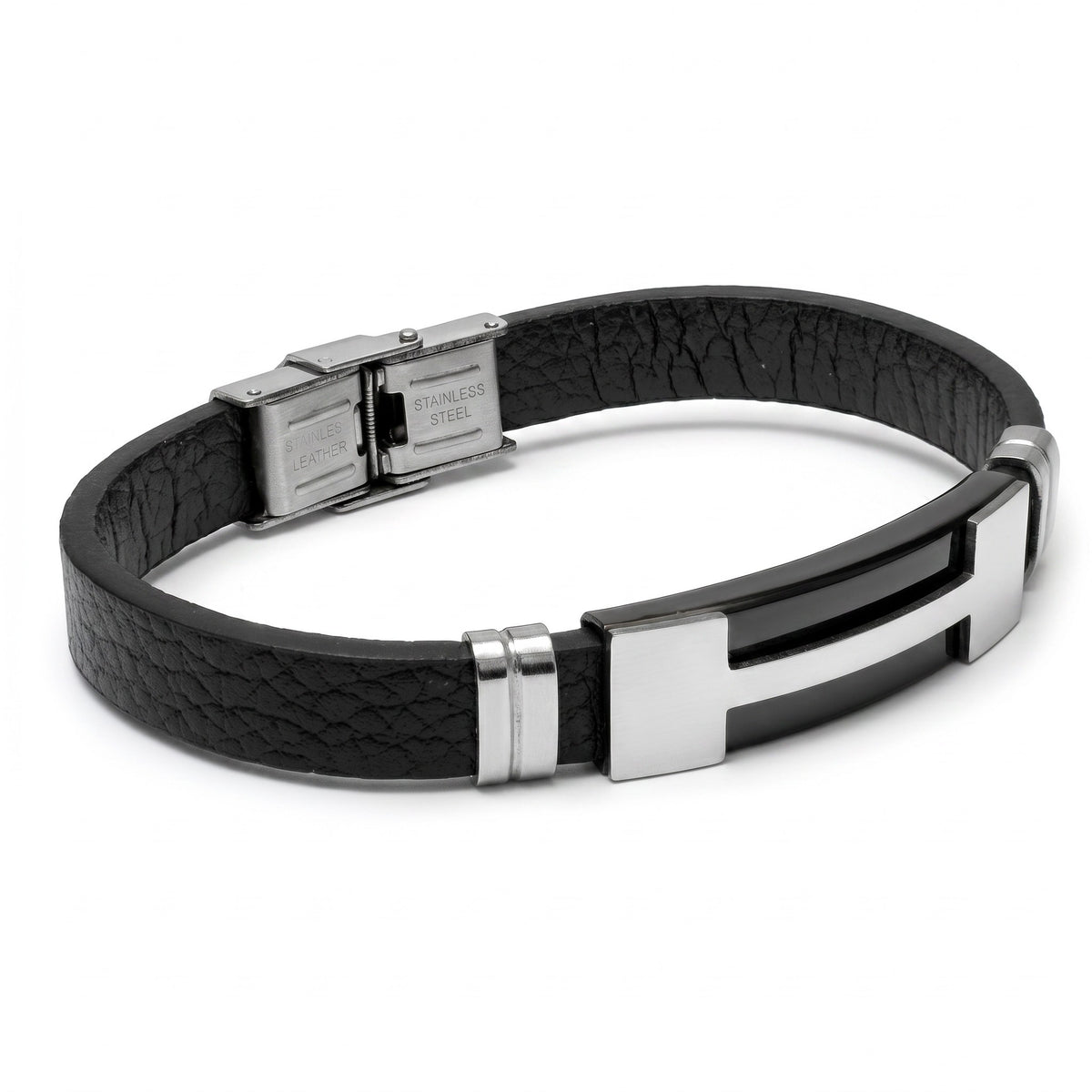 Aramat Jewels stoere heren armband van zwart leer met zilverkleurige RVS streep en sluiting.