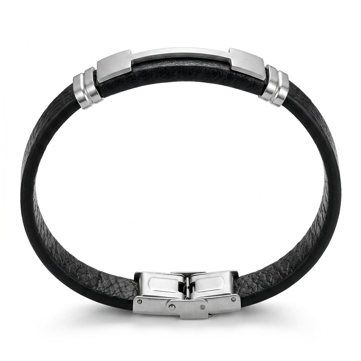 Aramat Jewels stoere zwarte leren herenarmband met zilverkleurige stalen plaat en sluiting, 21cm