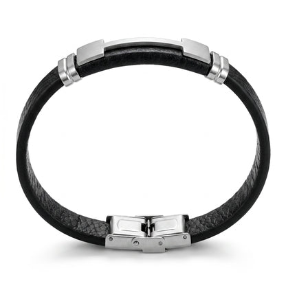 Aramat Jewels stoere zwarte leren herenarmband met zilverkleurige stalen plaat en sluiting, 21cm