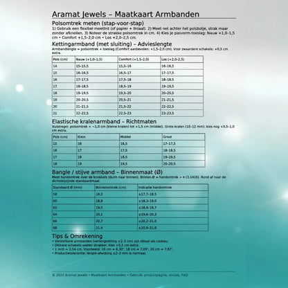 Aramat Jewels maattabel voor armbanden met instructies voor het meten van de polsomtrek en bangle maten.