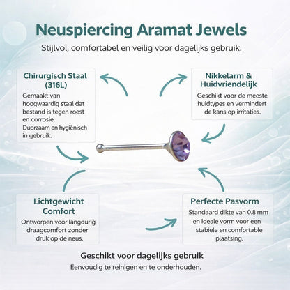 Aramat Jewels rechte neuspiercing met 2mm paars kristalsteentje, getoond in een informatieve productafbeelding.