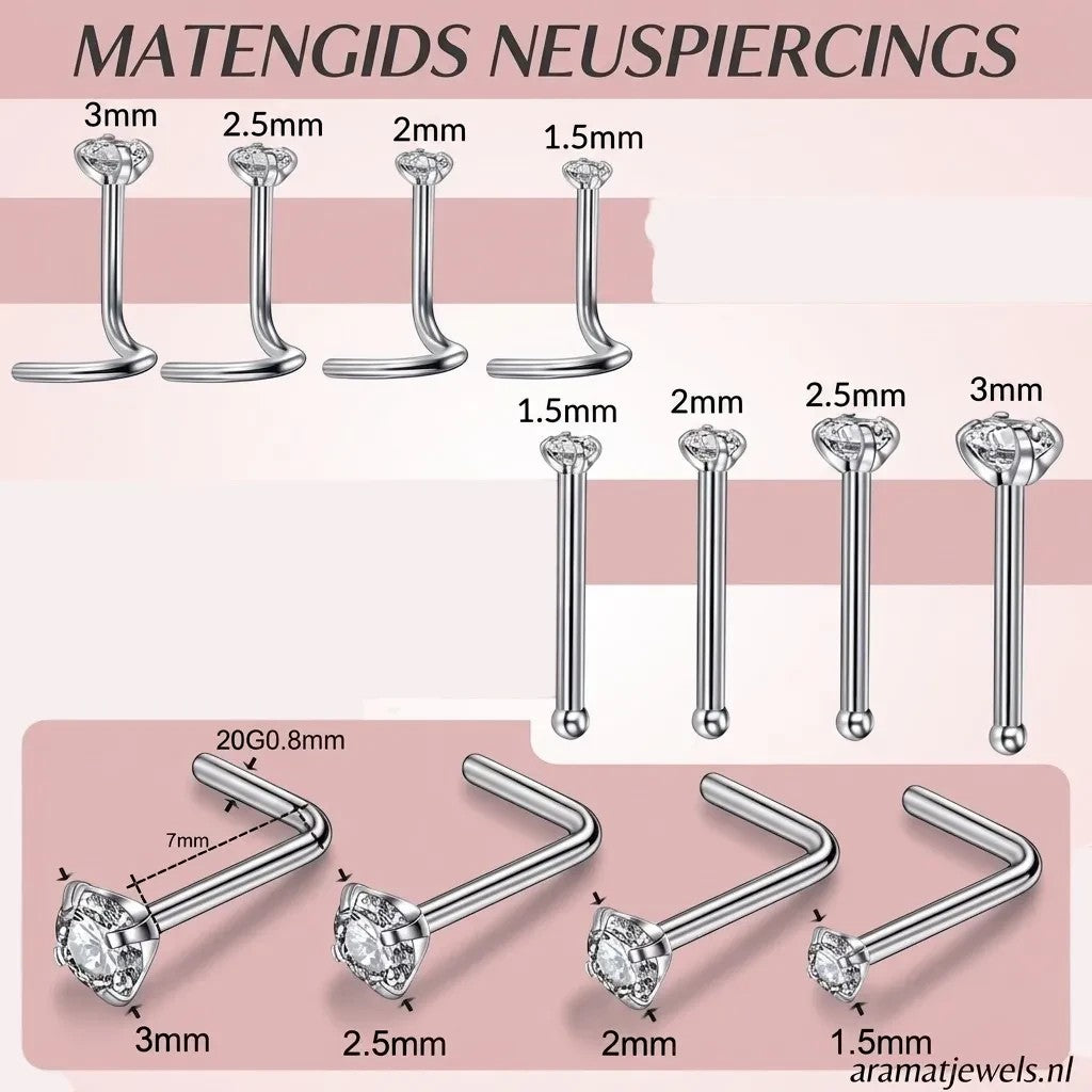 Aramat Jewels maattabel voor neuspiercings van chirurgisch staal met kristalsteentjes in diverse formaten.