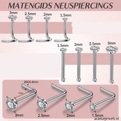 Aramat Jewels maattabel voor neuspiercings van chirurgisch staal met kristalsteentjes in diverse formaten.