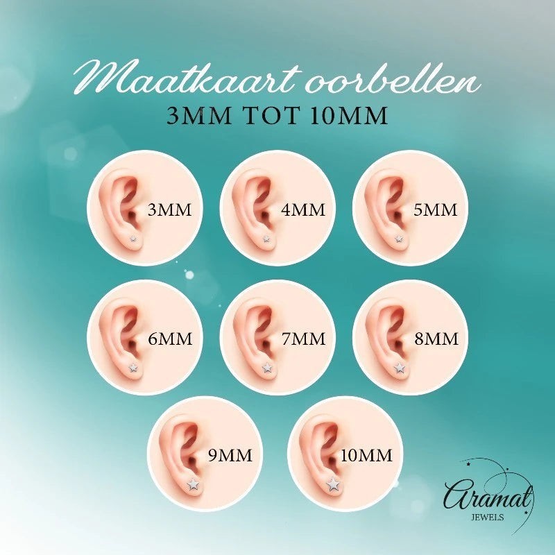 Aramat Jewels maatkaart oorbellen, toont oorbellen van 3mm tot 10mm op een oor.