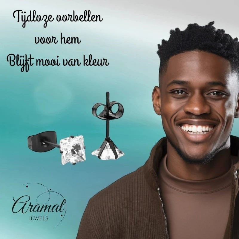 Aramat Jewels heren oorbellen van zwart roestvrij staal met vierkante zirkonia steen van 5mm.