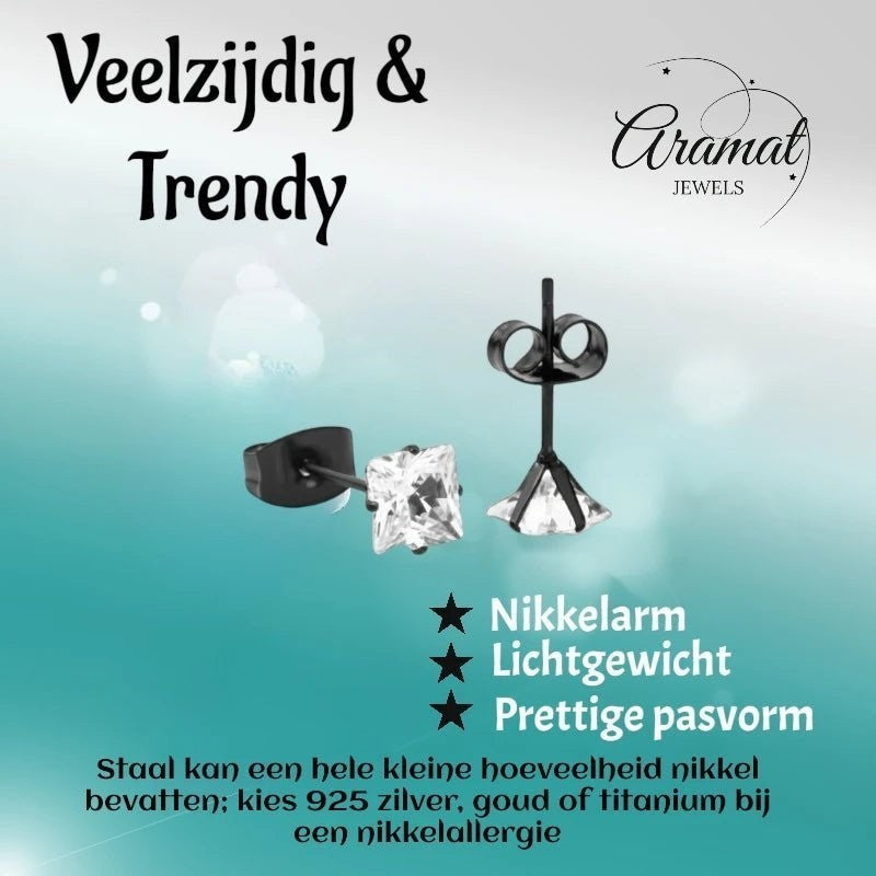 Aramat Jewels zwarte RVS oorbellen met vierkante zirkonia steentjes van 5mm.