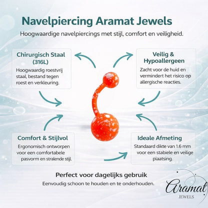 Aramat Jewels orange surgical steel belly button piercing with a splatter design. Hypoallergenic and trendy.