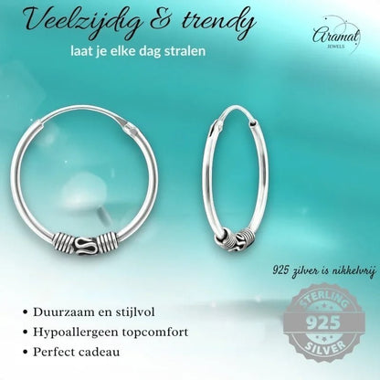 Aramat Jewels 18mm oxidized silver Bali hoop earrings with intricate detailing, perfect for a trendy, ethnic, or festival look.