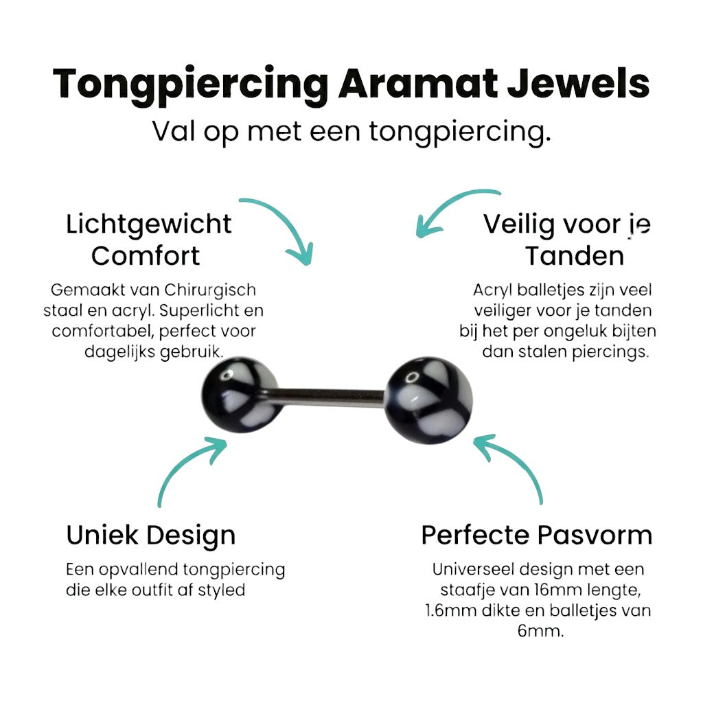 Aramat Jewels black and white peace sign tongue piercing. Made of steel and acrylic with 6mm balls.