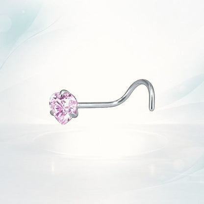 Aramat Jewels silver steel nose piercing with a pink heart-shaped zirconia stone, S-bend.