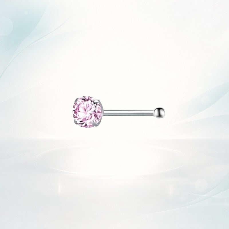 Aramat Jewels silver-colored steel nose piercing with a round pink zirconia stone and a straight post.