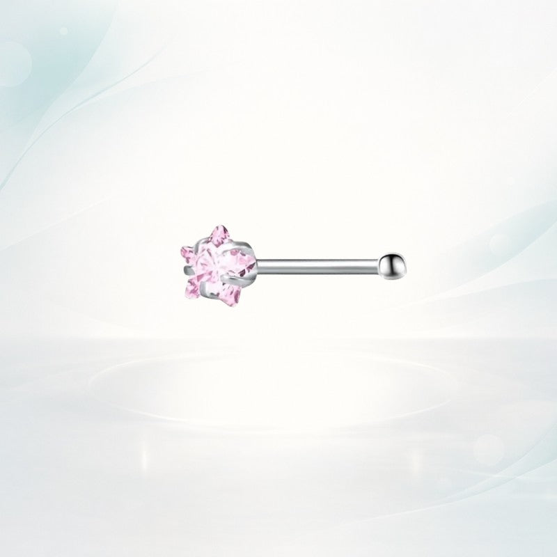 Aramat Jewels silver-colored steel nose piercing with a pink zirconia stone and a straight bar.