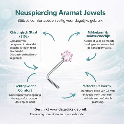 Aramat Jewels silver-tone steel L-shaped nose stud with a pink cubic zirconia.