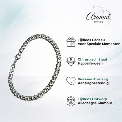 Aramat Jewels platte gourmet armband van staal in zilverkleur, 5mm breed en 21cm lang, met karabijnsluiting.