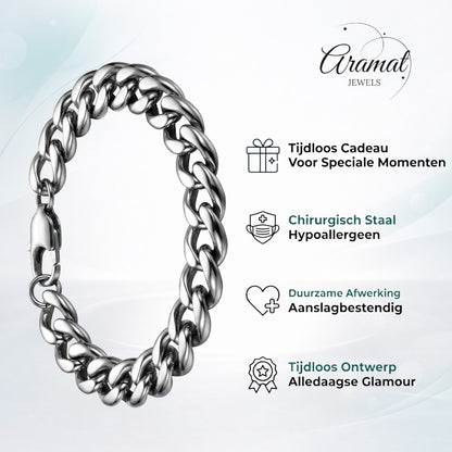 Aramat Jewels platte gourmet schakelarmband van zilverkleurig staal, 19cm lang en 9.5mm breed, met karabijnsluiting.