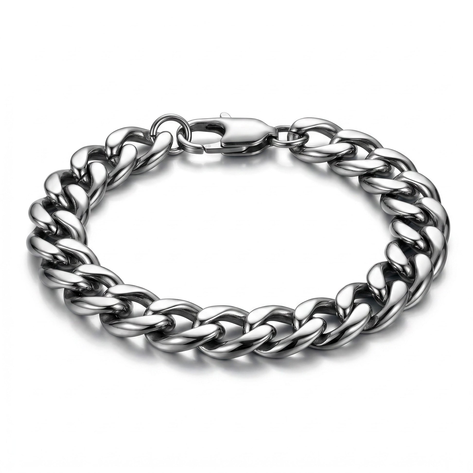 Aramat Jewels platte gourmet schakelarmband van zilverkleurig staal, 19cm lang en 9.5mm breed, met karabijnsluiting.