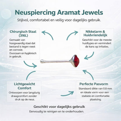 Aramat Jewels rechte neuspiercing met rood 2mm kristalsteentje, gemaakt van huidvriendelijk materiaal.
