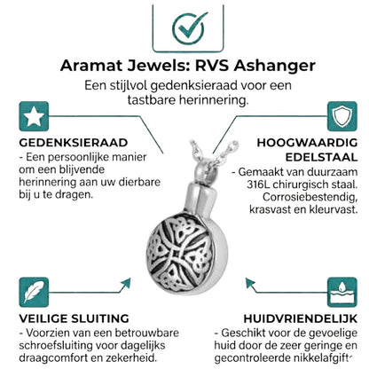 Aramat Jewels silver-tone round steel cremation urn pendant with black enamel triquetra symbol.