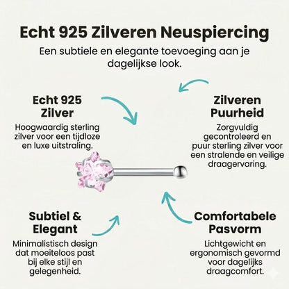 Aramat Jewels neuspiercing met roze zirkonia in stervorm, gemaakt van glanzend zilverkleurig metaal.