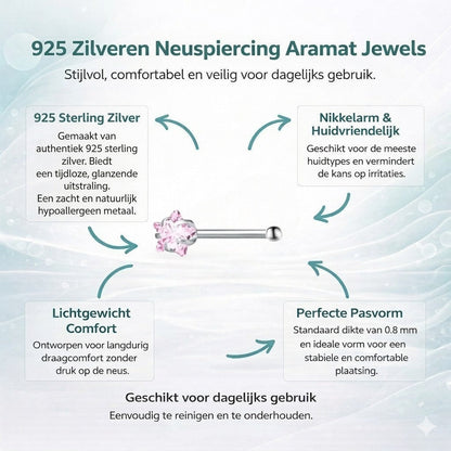 Aramat Jewels zilverkleurige neuspiercing met roze zirkonia in stervorm, geschikt voor dagelijks gebruik.