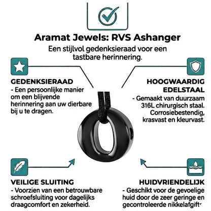 Aramat Jewels RVS ashanger open cirkel in zwart roestvrij staal, 20x20 mm. Een stijlvol gedenksieraad met een veilige schroefsluiting.