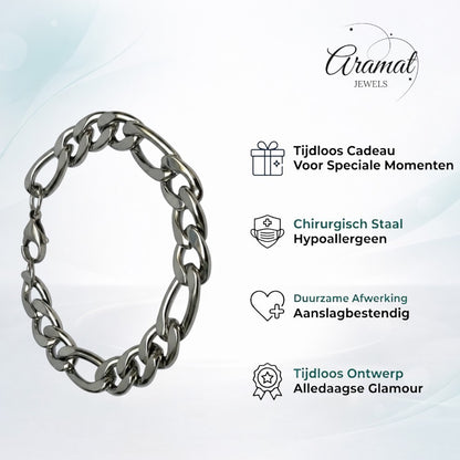 Aramat Jewels zilverkleurige RVS Figaro armband van 11mm breed en 21cm lang met een robuuste schakelstructuur.
