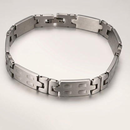 Aramat Jewels zilverkleurige RVS schakelarmband voor heren, 20cm lang en 9mm breed, met een stoer design.