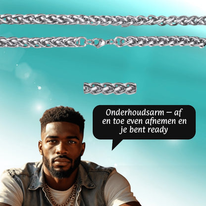 Aramat Jewels zilverkleurige RVS vossenstaart ketting van 8 mm breed, gedragen door een man voor een stoere look.