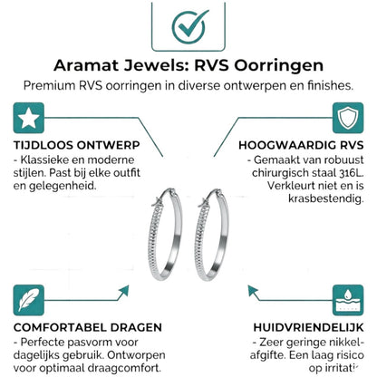 Aramat Jewels silver-tone stainless steel hoop earrings with a textured dot pattern, 20mm diameter.