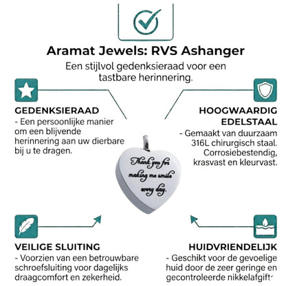 Aramat Jewels silver stainless steel heart-shaped cremation pendant with "Thank you for making me smile every day" engraved.