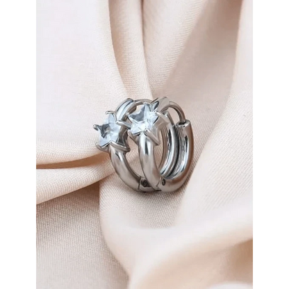 Aramat Jewels silver-tone stainless steel hoop earrings with star-shaped cubic zirconia accents.