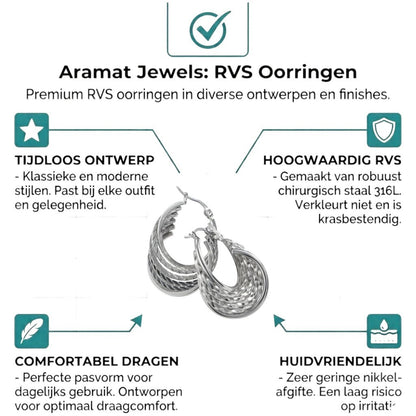 Aramat Jewels silver-tone stainless steel hoop earrings with a 6-in-1 design, featuring textured and smooth bands.