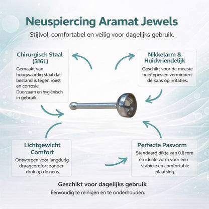 Aramat Jewels silver stainless steel nose piercing with a 2mm crystal stud. Straight design for nose wing.