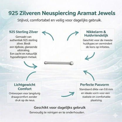 Aramat Jewels silver nose piercing with steel balls, 0.8mm thickness, 1.3mm diameter.