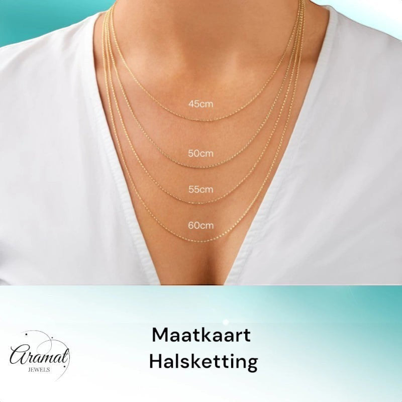 Aramat Jewels silver-tone stainless steel paperclip chain necklace size guide showing 45cm, 50cm, 55cm, and 60cm lengths on a model.