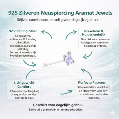 Aramat Jewels silver nose piercing with a 3mm purple cubic zirconia stone. Hypoallergenic and ideal for daily wear.