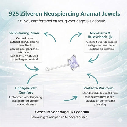 Aramat Jewels silver nose piercing with a 3mm purple cubic zirconia stone. Hypoallergenic and ideal for daily wear.