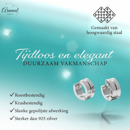 Aramat Jewels silver-tone stainless steel huggie hoop earrings with a grooved accent detail, 13x7mm.