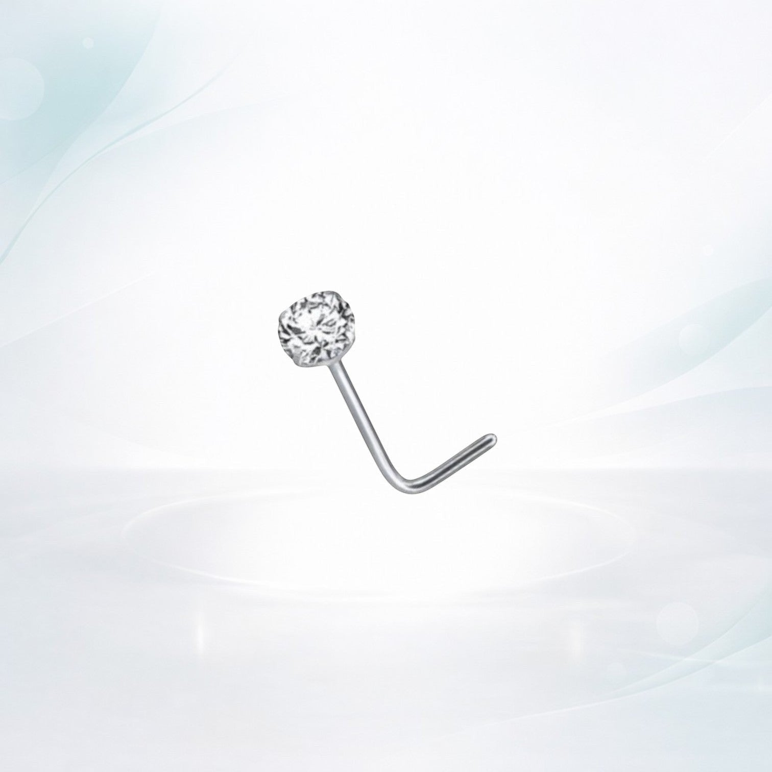 Aramat Jewels silver steel L-shaped nose piercing with a clear cubic zirconia stone.