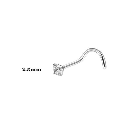 Aramat Jewels silver steel nose piercing with a clear 2mm cubic zirconia stone and a curved S-shaped post.