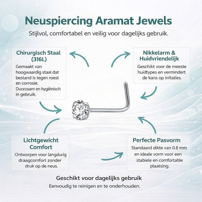 Aramat Jewels silver steel L-shaped nose piercing with a clear cubic zirconia stone.