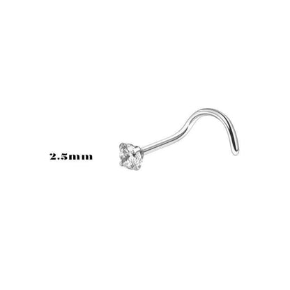 Aramat Jewels silver steel nose piercing with a clear 2.5mm cubic zirconia stone and a curved S-shaped post.