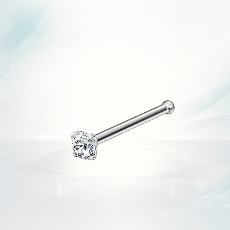 Aramat Jewels silver-colored steel nose piercing with a clear 2mm round zirconia stone and a straight post.