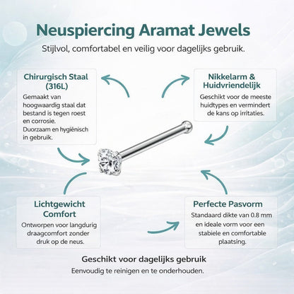Aramat Jewels silver-tone steel nose stud with a clear round cubic zirconia stone and a straight post.