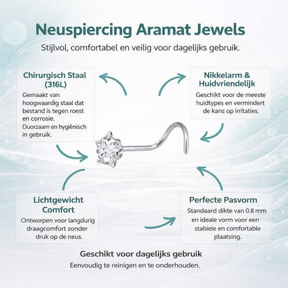 Aramat Jewels silver-colored steel nose piercing with a clear cubic zirconia stone and S-shaped hook.